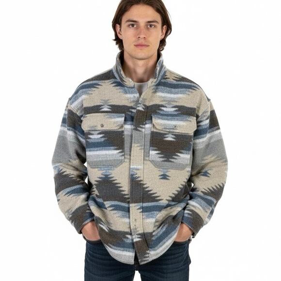 Outdoor Collection Aztec Fleece Shacket Mens L Beige Blue Button Front Western - Picture 1 of 7